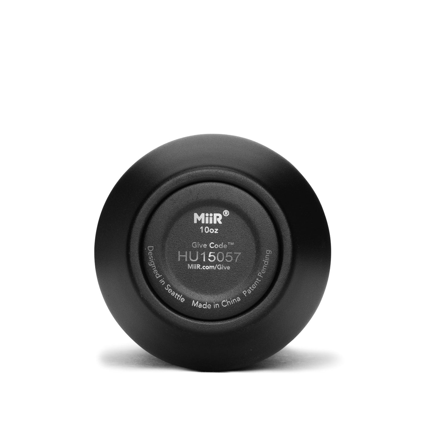 A close up of the bottom of a black MiiR wine tumbler with give code showing.