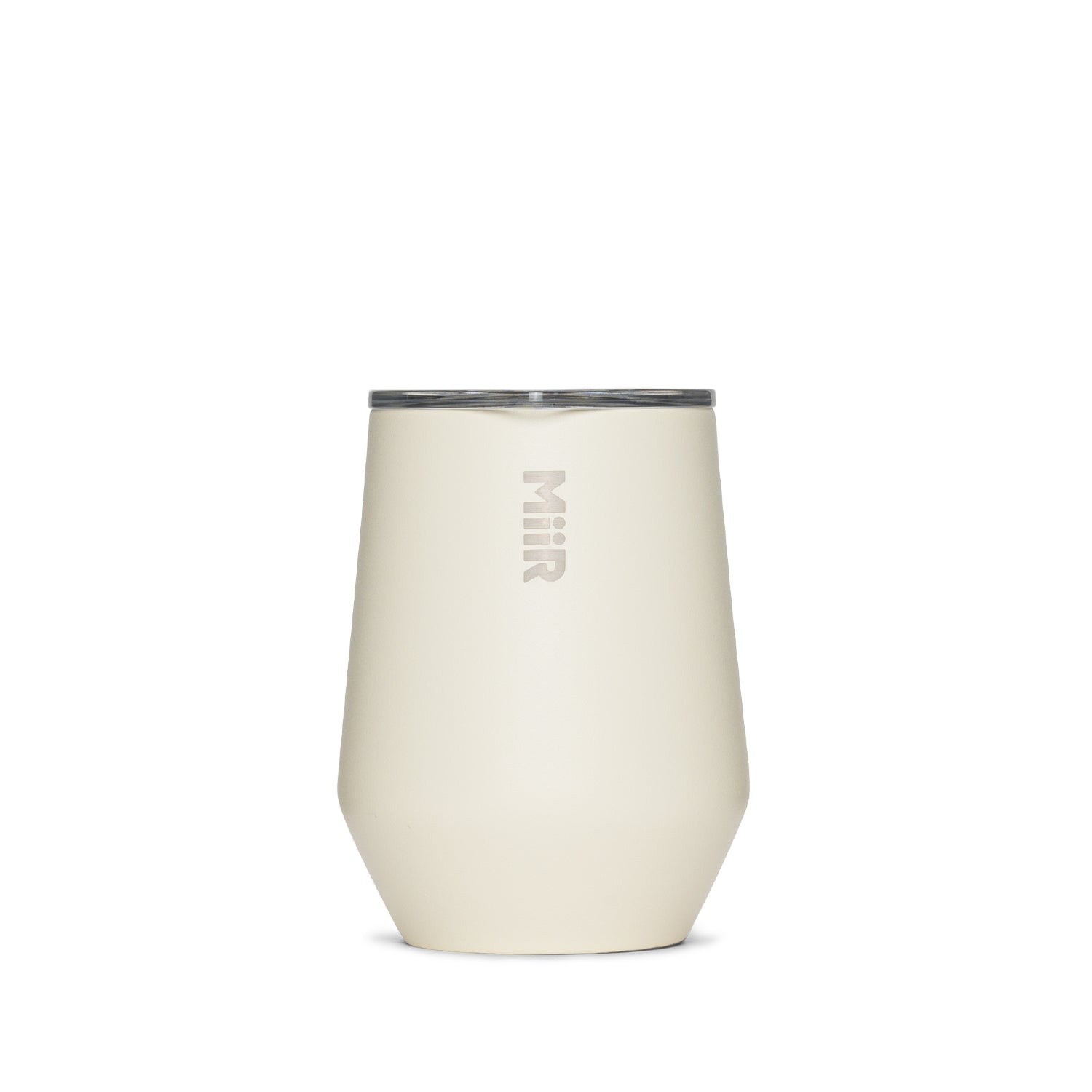 A sandstone white MiiR wine tumbler with a press-fit slide lid.