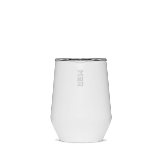 A white MiiR wine tumbler with a press-fit slide lid.
